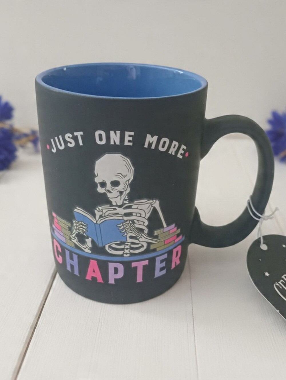 Sunday Morning Ceramics "Just One More Chapter" Skeleton Reading Mug NWT